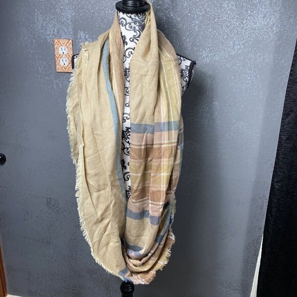 Nordstrom BP tan/blue multi Plaid infinity scarf. Soft acrylic. fringe - Picture 1 of 5